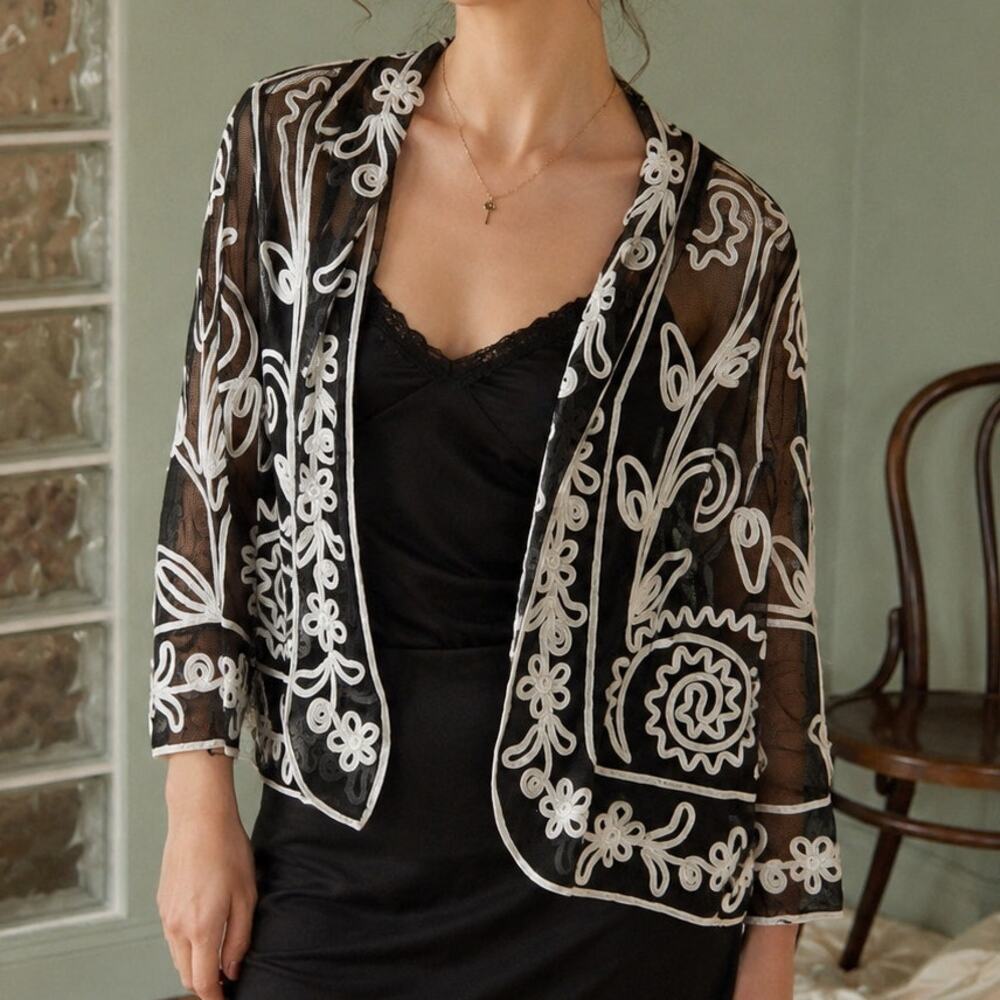 TravelSmith Embroidered Mesh Bolero L Black White Whimsygoth Art Nouveau Evening